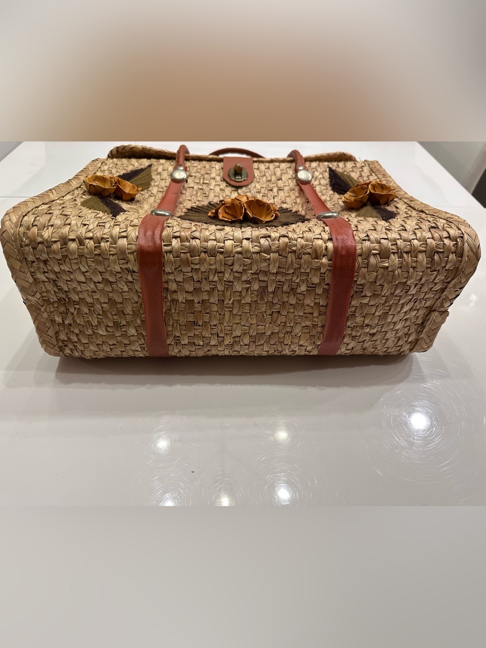 Vintage 70s Mexican Straw Woven Basket Purse Floral Raffia Boho Box Bag - Picture 4 of 15